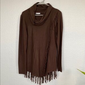 Brown Cowl Neck Sweater with Fringe